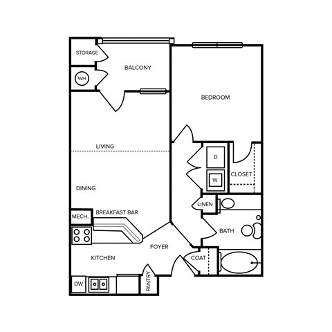Floor plan for 1 bed, 1 bath, 653 sqft